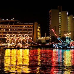 A light display of 4 seahorses pulling King Neptune at the Electrical Water Pageant