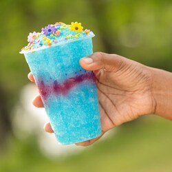 Hand holding Bluey's Berry Lemonade topped with candy flowers and sprinkles