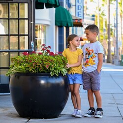 Deux enfants se regardent près d’une jardinière sur Sunset Boulevard