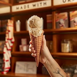 Two scoops of ice cream in a pumpkin spiced waffle cone