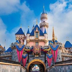 The Sleeping Beauty Castle at Disneyland Park with 70th Anniversary decorations