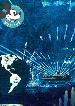 A globe spins above water and the words ‘Bid a fond farewell to IllumiNations: Reflections of Earth’