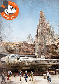 The cover of the Fall 2019 Mickey Monitor featuring a group of people walking past the Millennium Falcon at Star Wars: Galaxy’s Edge with a series of symbols at the bottom of the page