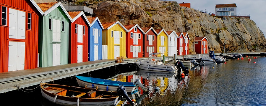 Houses on a cliff near a marina filled with boats