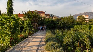 A verdant walkway leading to a stone farmhouse