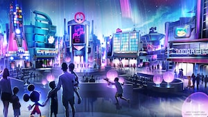 Concept art of a family standing with Mickey Mouse, looking at a modernistic city
