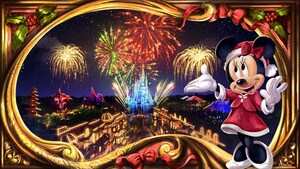 Minnie Mouse happily shows fireworks bursting over Cinderella Castle