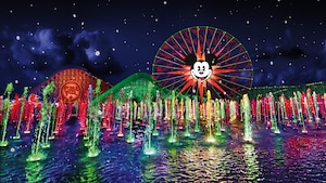 The fountains, lasers and projections at the World of Color nighttime spectacular light up the night sky