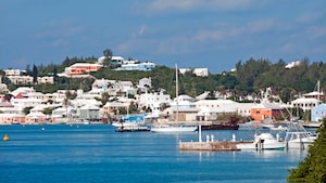 A harbor crowded with buildings and boats set up against a hill with trees and buildings