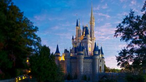 Cinderella Castle framed between trees against a twilight sky