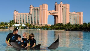 A man, woman and children wearing wetsuits in a shallow pool with a smiling dolphin