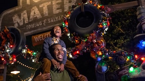 Father and son at Cars Land during the holidays at Disney California Adventure Park