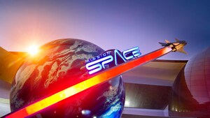 Mission: SPACE sign featuring a rocket ship speeding past Earth outside the attraction at Epcot
