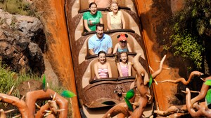 A group of excited Guests hold on tightly during a thrilling 5-story splashdown at Magic Kingdom park