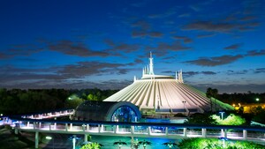 Space Mountain illuminated during the evening in Tomorrowland at Magic Kingdom park