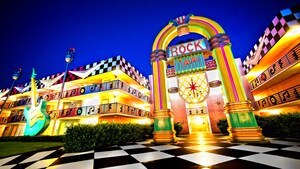Una rockola gigante, uno de los íconos temáticos de Disney's All-Star Music Resort