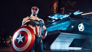 Captain America standing in front of Avengers Headquarters at Disney California Adventure Park