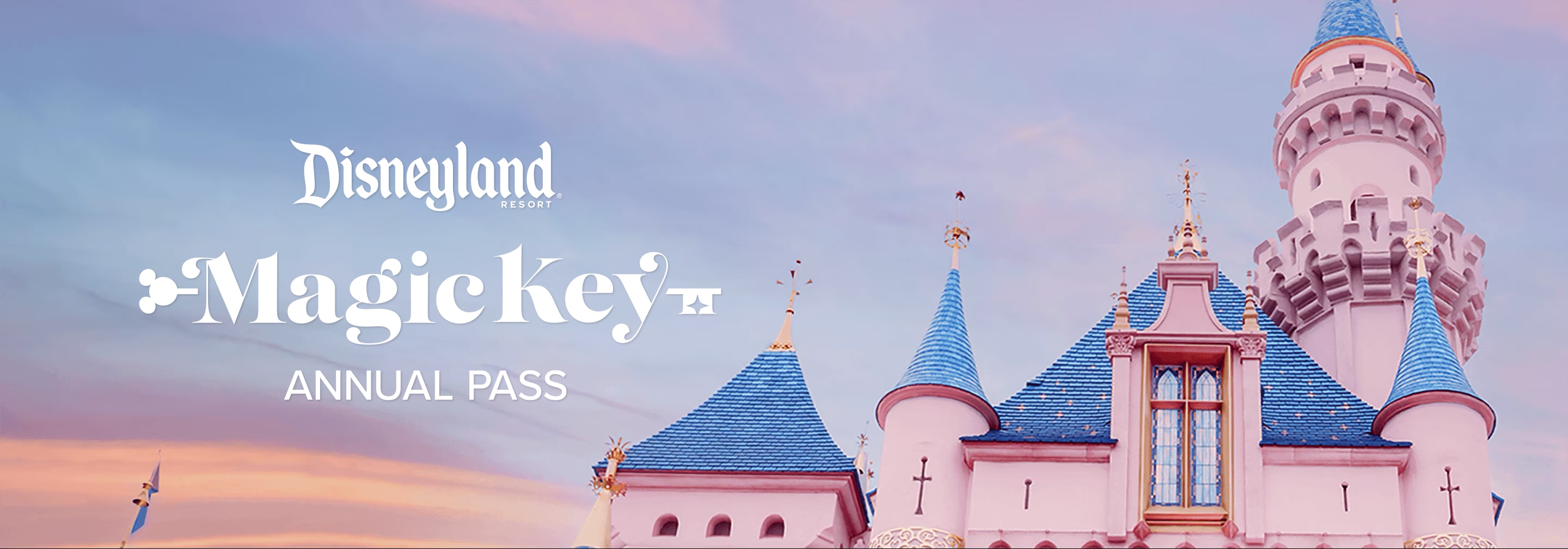 A detail of Sleeping Beauty Castle during sunset and text that reads ′Disneyland Resort Magic Key Annual Pass'