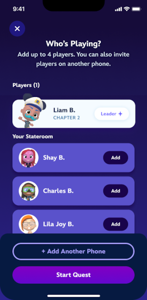 Three mobile screens featuring a name and an avatar, a list of names and avatars, and a map of a ship