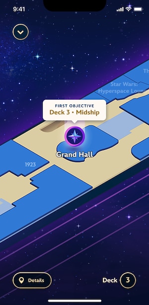 Three mobile screens featuring a name and an avatar, a list of names and avatars, and a map of a ship