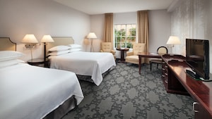 Hotel room with 2 beds, a desk and a tv