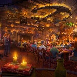 Uma ilustração de Visitantes saboreando bebidas no Beak & Barrel, no Magic Kingdom Park