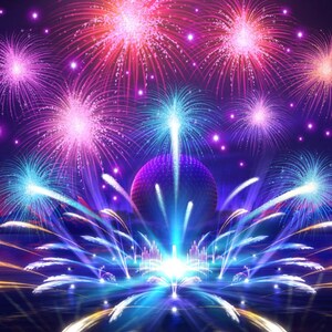 Ilustração de fogos de artifício explodindo e jatos d’água perto da Spaceship Earth