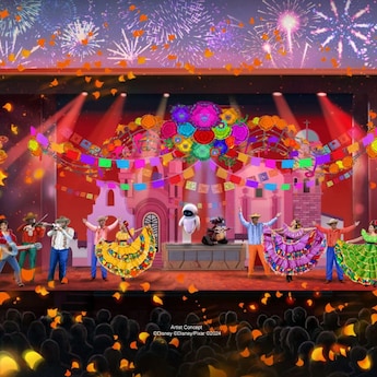 Artist rendering of a Coco themed stage performance with dancers in traditional costumes
