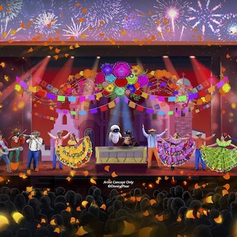 Representação artística de uma apresentação teatral com tema de Viva – A Vida é uma Festa, com dançarinos em trajes tradicionais 