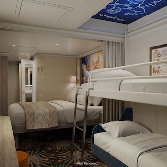 A TV, built in shelves, lighted mirror, bunk bed, wall art, privacy curtain and queen size bed