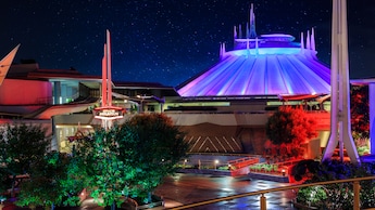 The futuristic exterior of Space Mountain
