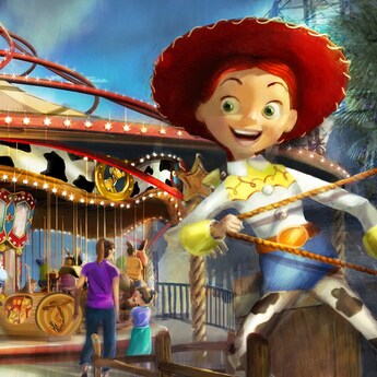 Jessie the Yodeling Cowgirl from Toy Story reels in a lasso in front of a carousel