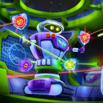 Des utilisateurs sur le Space Ranger Spin de Buzz Lightyear pointent des pistolets exploseurs vers des cibles sur un robot spatial