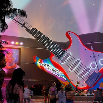 An artist concept image of a giant guitar in a courtyard, with the logo for Rock ‘n’ Roller Coaster Starring The Muppets