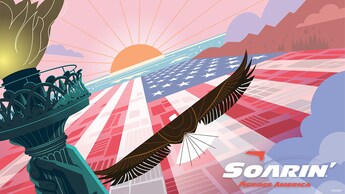 The logo for Soarin’ Across America with the Statue of Liberty torch and a bald eagle flying over the American flag
