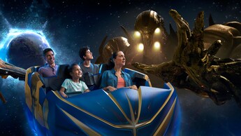 A family of 4 riding Guardians of the Galaxy: Cosmic Rewind at Epcot