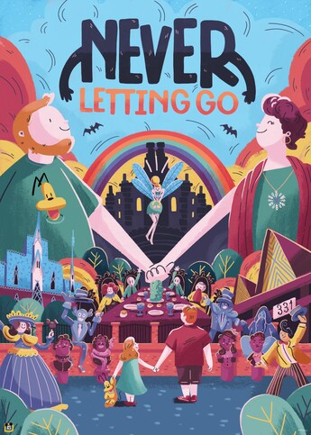 Las palabras ‘Never Letting Go’ sobre una ilustración de dos personas sosteniéndose las manos
