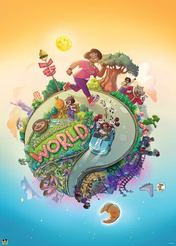 Una ilustración de una mujer caminando por el Tree of Life, Mickey Mouse y Minnie en un auto y mucho más