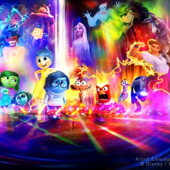 A collage of various characters from Walt Disney Animation Studios and Pixar Animation Studios including Joy, Sadness and Princess Elsa