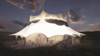 A sketch of people walking into the large Cirque du Soleil building in Disney Springs