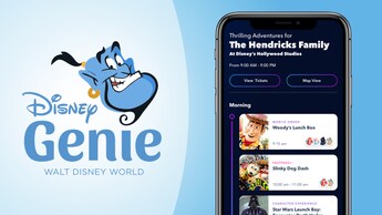 The Disney Genie logo plus a phone screen showing what the Disney Genie app looks like on screen
