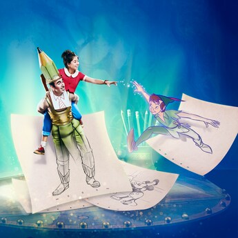 Signage for the stage show Drawn to Life, presented by Cirque du Soleil and Disney includes the text, see it live only at Disney, and images of Peter Pan, a young girl, a man, a pencil and 2 flying acrobats.