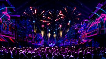 In an illustration, a crowd packs Main Street, USA, watching a laser show in the sky