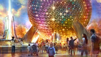 Guests mingle in front of the sparkling Spaceship Earth attraction at Epcot in the Walt Disney World Resort