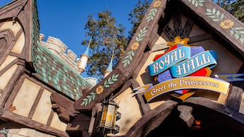 Surrounded by trees, turrets and shingles, a medieval sign reads Royal Hall, Greet the Princesses, on the buildings gable roof
