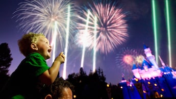 Fireworks light up the night sky above Cinderella Castle at the tip of Main Street, USA which is decorated with illuminated Mickey Mouse lanterns