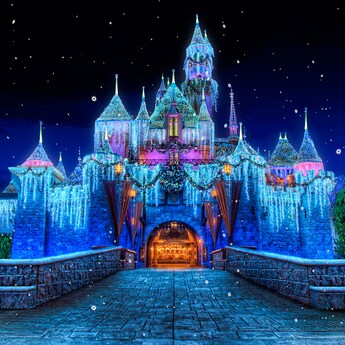 Sleeping Beauty Castle decorated with Christmas lights and ornamentation