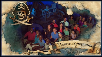 A picture of 4 families sitting in an attraction with a border imitating a pirate treasure map