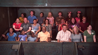 Three full rows of Guests riding in an elevator at The Twilight Zone Tower of Terror Attraction