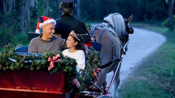 Un père et sa fille à bord d’un traîneau tiré par des chevaux qui est décoré d’une guirlande de Noël